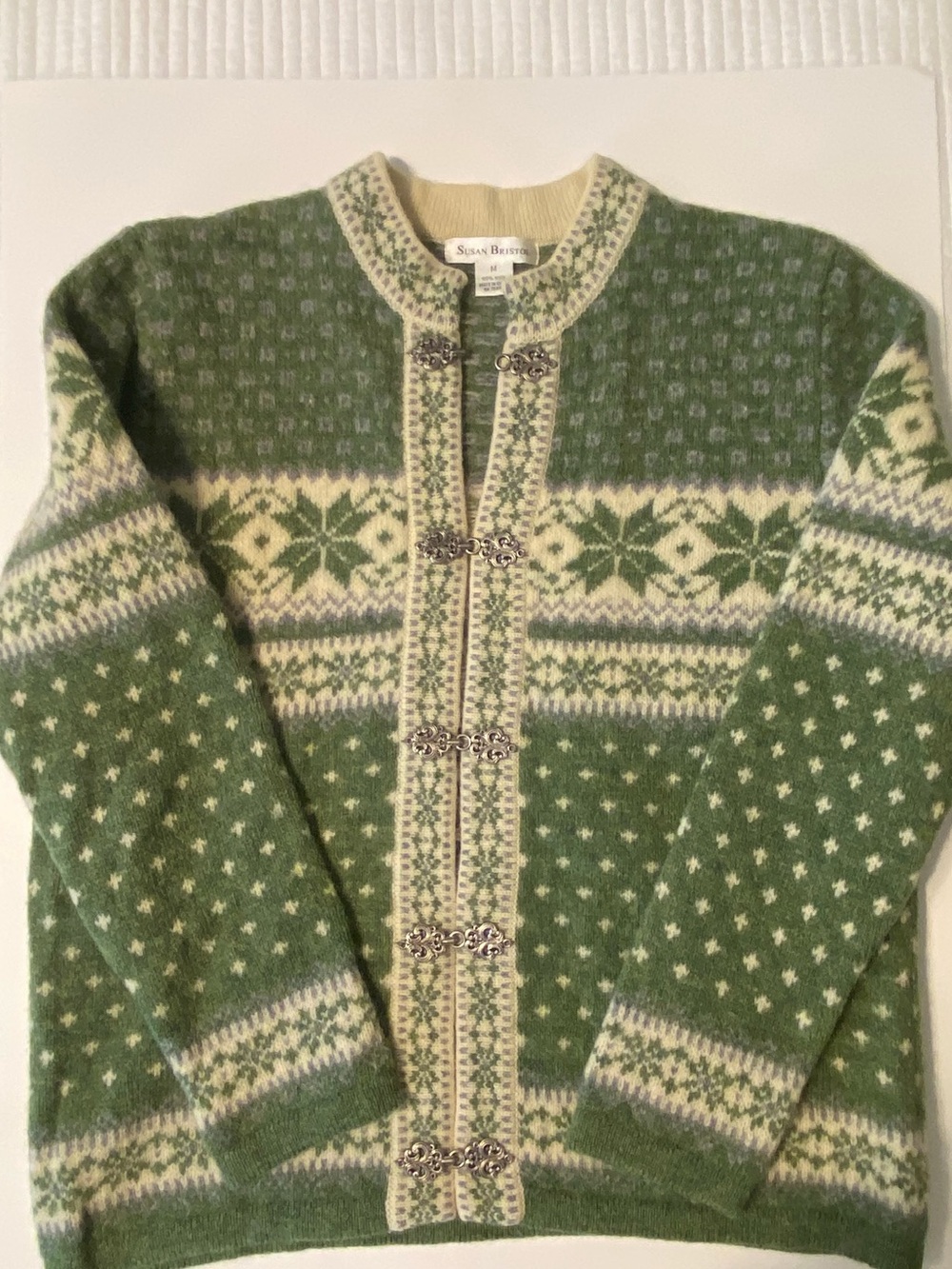 Susan Bristol Green and Cream Wool Cardigan - Picture 5 of 6